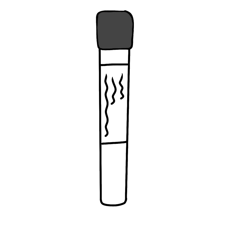 A grey topped blood collection tube. The tube is cylindrical with a grey plastic cap and a transparent body